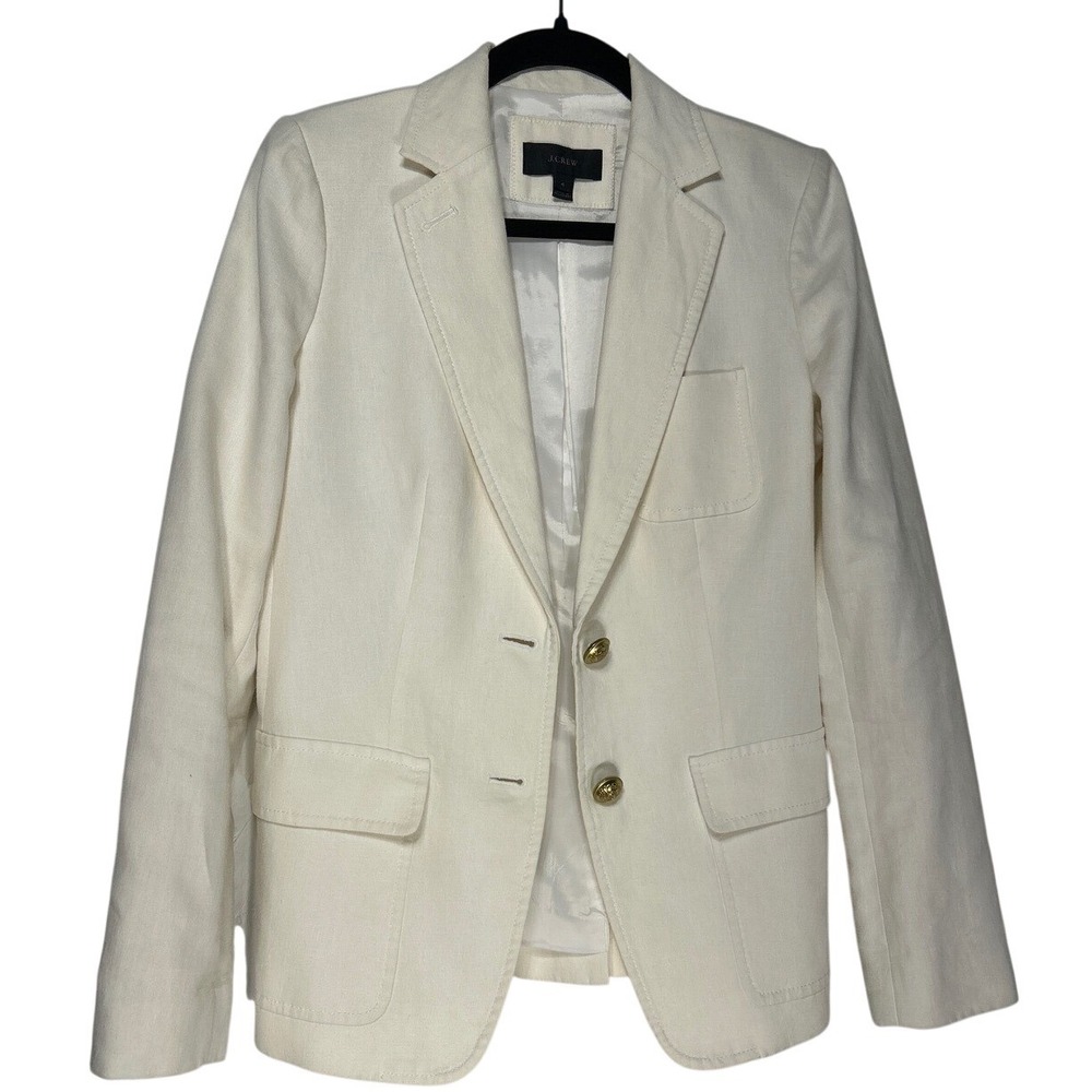 J.Crew 100% Linen Lightweight Blazer Jacket Ivory Gold Buttons Size 4